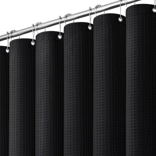 Extra Wide Waffle Shower Curtain 256 GSM Fabric 84x72 Black | 84 Inch Wide, Thick Cloth, Weighted Hem, Water Repellent, Hotel Luxury Polyester Shower Curtain Set for Bathroom 14 Hooks