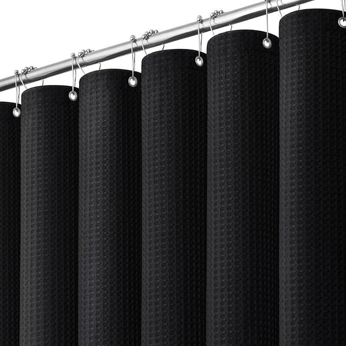 Long Waffle Shower Curtain 256 GSM Heavy Fabric 72x80 Black | 80 Inch Long, Thick Cloth, Weighted Hem, Water Repellent, Hotel Luxury Polyester Shower Curtain Set for Bathroom 12 Hooks