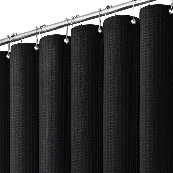 Extra Wide Waffle Shower Curtain 256 GSM Fabric 108x72 Black | 108 Inch Wide, Thick Cloth, Weighted Hem, Water Repellent, Hotel Luxury Polyester Shower Curtain Set for Bathroom 18 Hooks