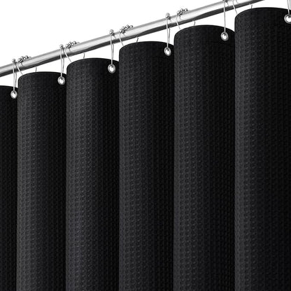 Extra Wide Waffle Shower Curtain 256 GSM Fabric 108x72 Black | 108 Inch Wide, Thick Cloth, Weighted Hem, Water Repellent, Hotel Luxury Polyester Shower Curtain Set for Bathroom 18 Hooks