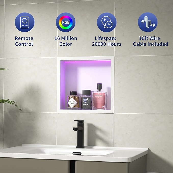 Stainless Steel Shower Niche 12" X 12" White with RGB Light No Tile Needed Recessed Wall Led Shower Niche for Bathroom Storage Waterproof Hardwired Dimmable Over Mount Installation