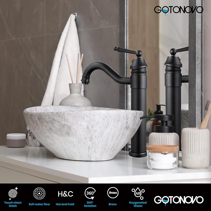gotonovo Bathroom Vessel Sink Faucet Single Handle Brass Long Reach Bathroom Faucet 1 Hole Deck Mounted Mixer Tap with Pop Up Drain Matte Black