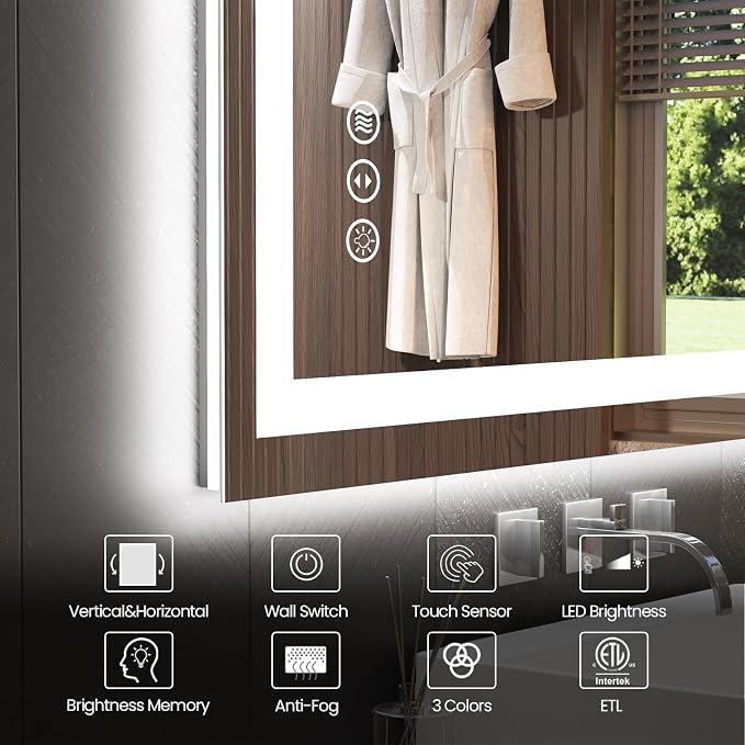 Snowdool 36 x 36 in LED Bathroom Mirror, Front and Backlit, Anti-Fog | Front and Backlit, 3 Color Temperatures, Anti-Fog, Tempered Glass