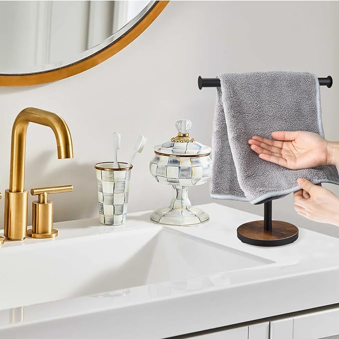 Hand Towel Holder Stand, Countertop Towel Stand for Bathroom | T-Shaped Kitchen Towel Rack with Weighted Wood Base, Western Bathroom Decor, Rustic Black and Brown