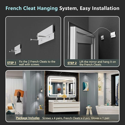48x30 LED Bathroom Mirror with Lights, Backlit and Front Lit Anti-Fog Lighted Vanity Mirrors for Bathroom Wall, Dimmable, 3-Color Light, Memory, Shatter-Proof, HD Tempered Glass, CRI＞90