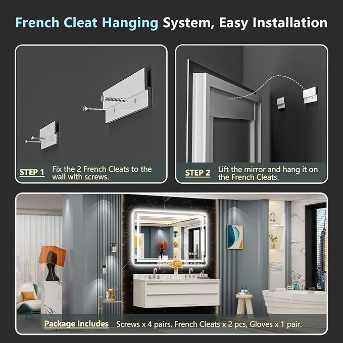 48x40 LED Bathroom Mirror with Lights, Backlit and Front Lit Anti-Fog Lighted Vanity Mirrors for Bathroom Wall, Dimmable, 3-Color Light, Memory, Shatter-Proof, HD Tempered Glass, CRI＞90