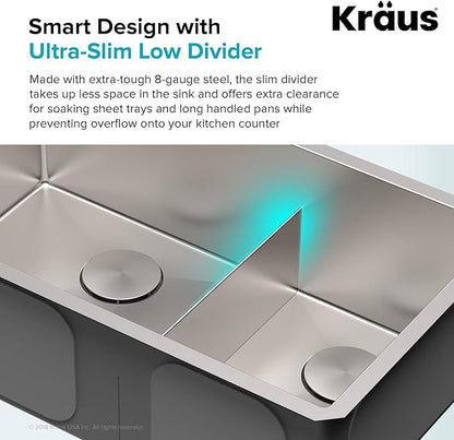 KRAUS Standart PRO™ 32-inch 16 Gauge Undermount 60/40 Double Bowl Stainless Steel Kitchen Combo with WasteGuard™ Continuous Feed Garbage Disposal, KHU103-32-100-75MB