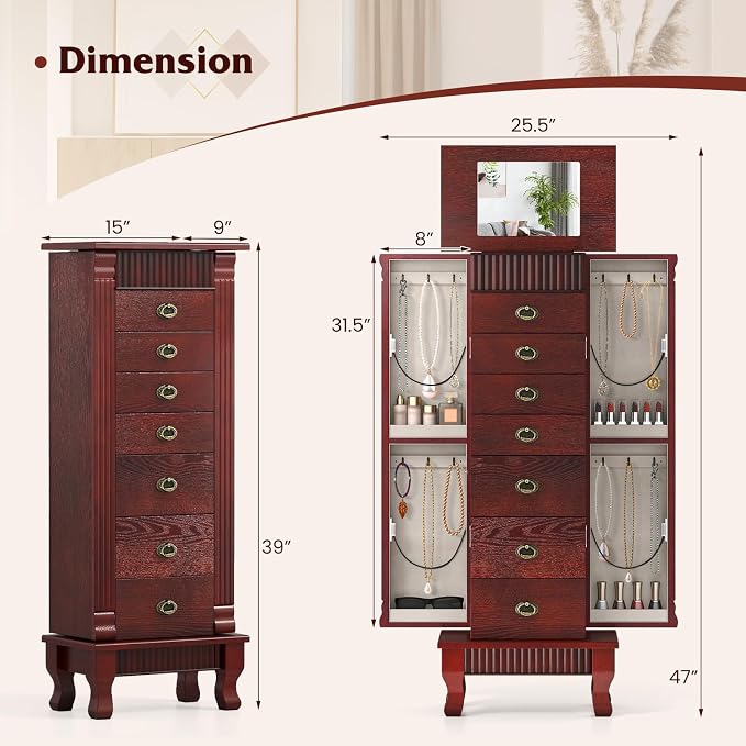 DREAMADE Jewelry Armoire, Standing Jewelry Box w/Mirror & 7 Drawers, Brown | Flip Top Organizer with 2 Side Doors and Anti-Toppling Device, Large Jewelry Cabinet Storage for Bedroom