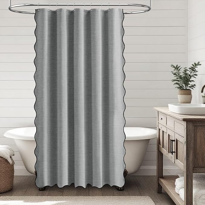 BTTN Boho Scalloped Linen Textured Cloth Shower Curtain, 60x84, Grey/Gray | Narrow Long Size, 230GSM Waterproof Polyester, Heavy Duty Fabric, 10 Plastic Hooks, Modern Farmhouse Style, Machine Washable