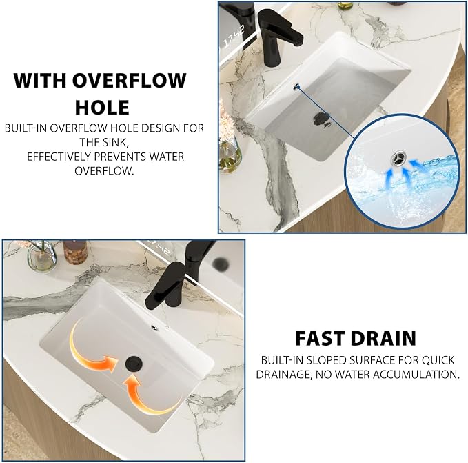 White Undermount Bathroom Sink 18.1"x12.4"Ceramic Basin | Modern Porcelain Under Counter Bathroom Vanity Sink, Interior Bowl 16.3"x 10.6", Rectangular Undermount Basin with Overflow
