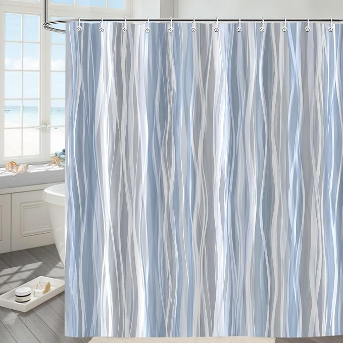 Moonslim Blue Grey Ombre Shower Curtain, Modern Wavy Abstract Striped Line Bathroom Curtain, Waterproof Fabric Bath Decor, 72 x 72 Inch