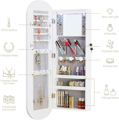 LED Jewelry Cabinet Wall/Door Mounted,RGB Lighted Mirror Jewelry Armoire Organizer Over the Door Full-Length Lockable Rounded Wide Mirror with Storage Interior Mirror Gift for Her Chrismas White