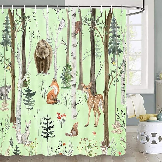 JAWO Rustic Forest Shower Curtains, Lodge Cabin Woodsy RV Shower Curtain, Wildlife Animals Woodland Campers Camping Bathroom Set with Hooks, 72X78 Inch, Moss Green