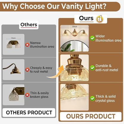 Redluck Vintage Bathroom Vanity Light Fixture, 3-Light Bathroom Lighting Fixtures Over Mirror, Antique Brass Finish with Amber Crystal Glass Shade, Wall Sconces Lighting for Bedroom, Living Room