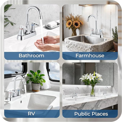 Polished Chrome Bathroom Faucet 3 Hole, 4 Inch 2-Handle Centerset Bathroom Sink Faucet, Faucet for Bathroom Sink 360° Swivel Bathroom Faucets RV Lavatory Vanity Faucet with Pop-up Drain
