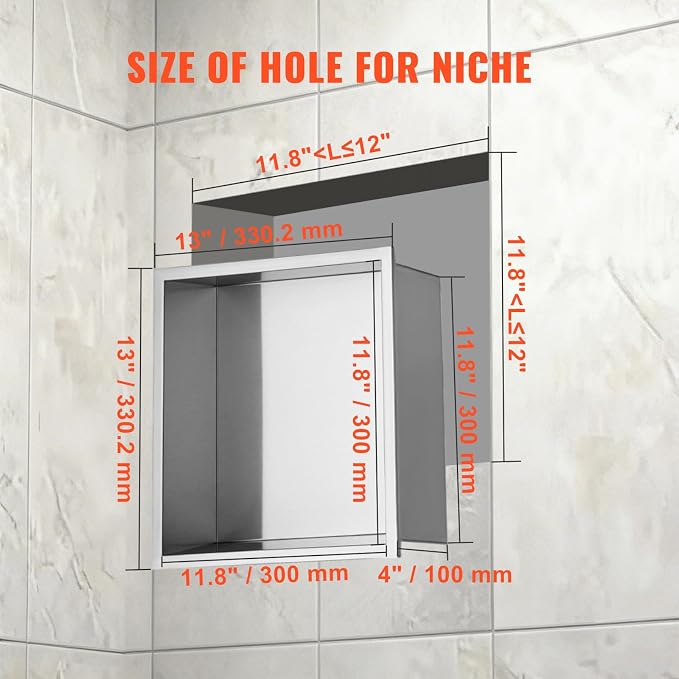 VEVOR Shower Niche No Tile Needed, Stainless Steel Niche for Shower Wall, Sealed Waterproof Rust-Resistant Bathroom Niche for Storage, 13x13'' Single Shelf