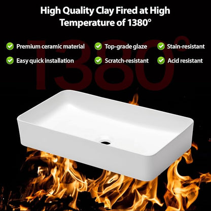 24 Inch Rectangular Bathroom Sink White Above Counter | 24"x14" Large Bathroom Sink Modern White Porcelain Ceramic Above Counter Vanity Sink Countertop Vessel Sink Art Basin