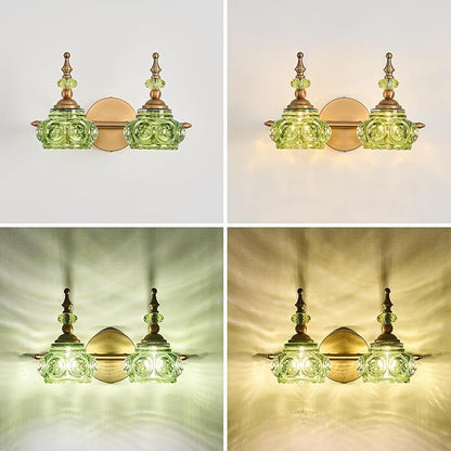 Vintage Vanity Light Fixtures, Green 2-Light Bathroom Lighting, Vintage Wall Sconce with Crystal Glass Shade Rust-Proof and Durable for Bathroom Bedroom Living Room Hallway