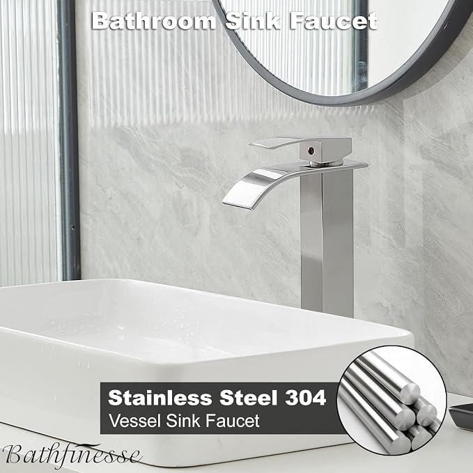 Waterfall Bathroom Faucet Brushed Nickel Stainless Steel Vessel Sink Faucet | Single Handle One Hole Deck Mount,Bowl Vanity Sink Faucet,with Pop-up Drain Stopper and Supply Hose,Lead-Free by Bathfinesse