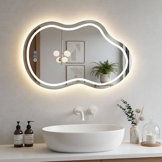 Irregular Wall Mirror 24 x 36 Inch, Lighted Mirrors for Bathroom Wall, Asymmetrical LED Mirror for Bathroom with Anit-Fog, Dimmable, Memory Function (Horizontal/Vertical)