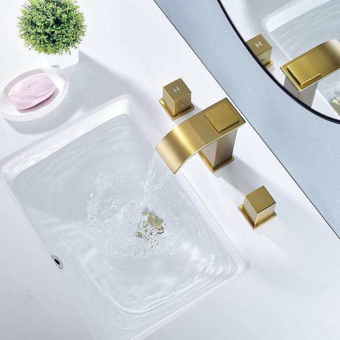 Luxury Brass Widespread Waterfall Bathroom Sink Faucets for 3 Hole 2-Handle 8 Inch Deck Vanity Faucet, &Stainless Steel Pop-up Drain Assembly, Brushed Brass Gold