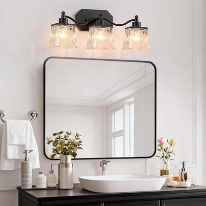 3-Light Matte Black Vanity Light, Vintage Crystal Glass Shades | Rust & Humidity Resistant Iron Frame,Mounted Over Mirror, Compatible with E26 Bulbs for Bathroom, Bedroom & Hallway