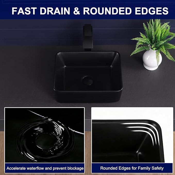 Vessel Sink 16"x12" Rectangular Bathroom Sink Modern Black Porcelain Ceramic Above Counter Drop-in Vanity Sink for Bathrooms Art Basin