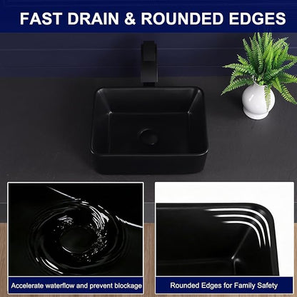 Vessel Sink 16"x12" Rectangular Bathroom Sink Modern Black Porcelain Ceramic Above Counter Drop-in Vanity Sink for Bathrooms Art Basin