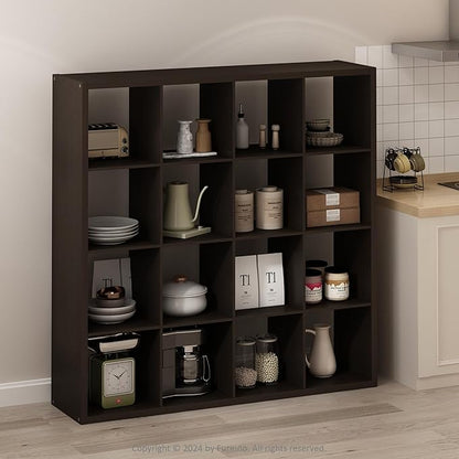 Furinno Simple Cube Storage Organizer, 16-Cube Display Shelf, Open Back Shelving Unit, Storage Shelves, Extra Thick Frame, for Organization and Storage, Living Room, Home Office, Dark Oak