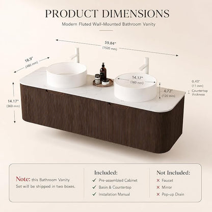 60 Inch Double Sink Bathroom Vanity, Floating Wall Mounted Cabinet, Dark Walnut Curved Fluted Front, Stone Top, Dual Pure White Round Vessel Basins, Pre-Assembled
