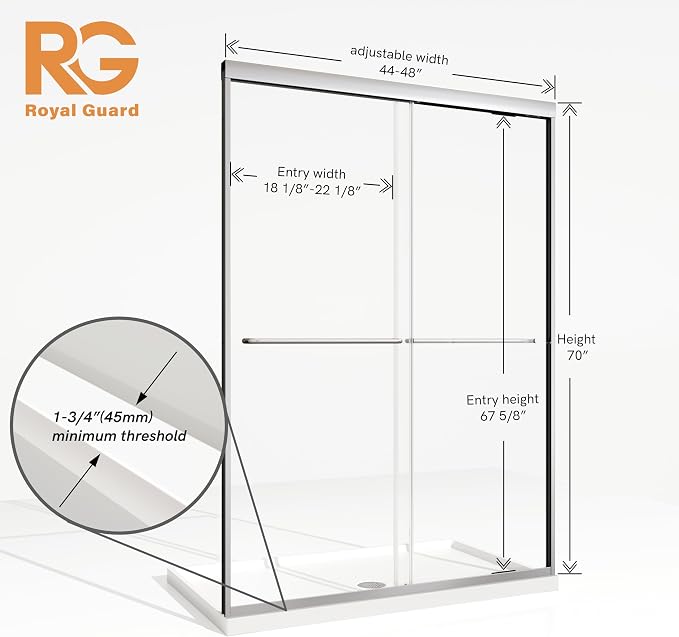 Royal Guard Double Sliding Shower Door,44-48" W x 70" H,Chrome | Shower Doors with 6mm Clear SGCC Tempered Glass,Bypass Shower Enclosure,Nano Coating Easy Clean&Waterproof&Adjustable Width