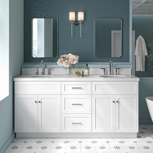 ARIEL Hamlet 72-inch Bathroom Vanity with Sink,Solid Wood, 1.5-inch Pure White Quartz Countertop & Backsplash, Double Oval Porcelain Sink, 4 Soft Closing Doors, 3 Dovetail Drawers, White