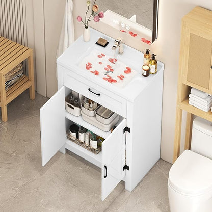 24" White Farmhouse Bathroom Vanity with Ceramic Sink, 2 Barn Door & Faux Drawer, Freestanding, Actual 23.6" L x 18.5" W x 35.4" H
