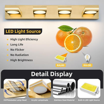Bathroom Light Fixtures, Gold Vanity Light Modern LED Acrylic Lighting Fixtures, Bathroom Accessories Dimmer Lamps, 3CCT, 30-inch