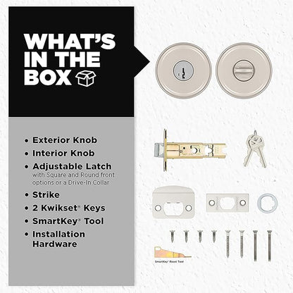 Kwikset Maven Entry Door Knob with Lock and Key, Secure Keyed Handle Exterior, Front Entrance and Bedroom, Satin Nickel, Pick Resistant SmartKey Rekey Security and Microban