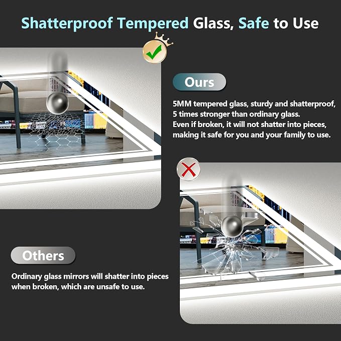 44x32 LED Bathroom Mirror, Backlit & Front Lit Lighted Mirror | Anti-Fog Vanity Mirror with Lights, 3 Color Dimmable, Memory, HD Tempered Glass, CRI95, IP54, UL Listed, Horizontal/Vertical