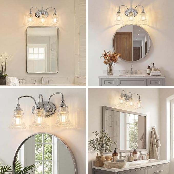 3-Light Vintage Bathroom Light Fixtures, Chrome | Vanity Lights Over Mirror with Floral Glass Shade for Bathroom Powder Room, Living Room Hallway