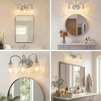 3-Light Vintage Bathroom Light Fixtures, Chrome | Vanity Lights Over Mirror with Floral Glass Shade for Bathroom Powder Room, Living Room Hallway