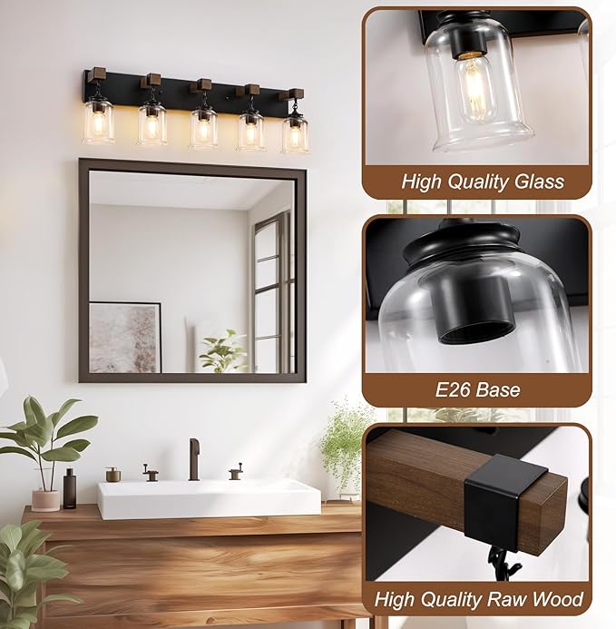 Farmhouse Bathroom Light Fixtures, 5 Light Black Vanity Light, Industrial Style with Clear Glass Shades, Wood Bathroom Lighting Fixtures Over Mirror for Bedroom, Living Room