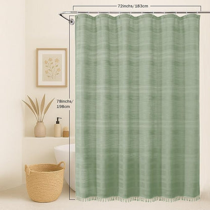 Light Green Shower Curtain 78 Inch Long, Boho Thick Linen Textured Shower Curtain with Tassel, Farmhouse Minimalist Striped Weighted Machine Washable Bathroom Decor, 72Wx78L Inches