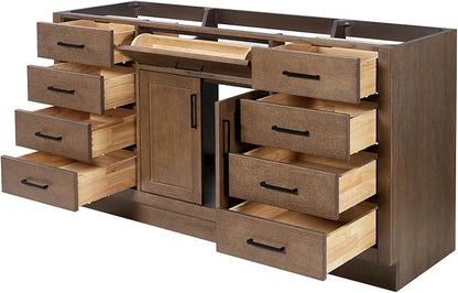 ARIEL Hepburn 66-inch Bathroom Vanity Base Cabinet,Solid Wood, 2 Soft Closing Doors, 9 Dovetail Drawers, Brown Oak