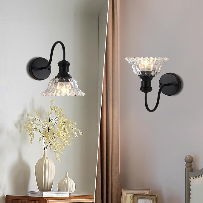 Bathroom Vanity Lights 2 Pack, Black Wall Sconce with Pressed Patterned Glass Lampshade, Farmhouse Wall Light Fixtures for Bathroom, Bedroom, Living Room, Entryway