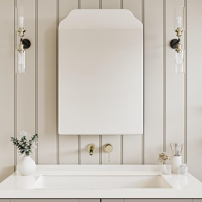 AGDULL Victorian Medicine Cabinet with Arched Mirror, Overall 17.5"W x 29"H | Recessed or Surface Mount, 16.1"W x 24"H Wood Black Cabinet with 17.5"W x 29"H Arched Mirror, Left-Swing Door, Soft-Close