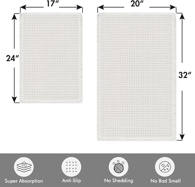 MIULEE Set of 2 Waffle Bathroom Rugs Boho Bath Mat White 17"x24"+20"x32" | Non Slip, Super Absorbent, Washable, Ultra Soft, Rubber Backed Bath Rugs for Bathroom Floor Tub Shower