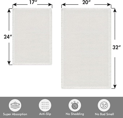 MIULEE Set of 2 Waffle Bathroom Rugs Boho Bath Mat White 17"x24"+20"x32" | Non Slip, Super Absorbent, Washable, Ultra Soft, Rubber Backed Bath Rugs for Bathroom Floor Tub Shower
