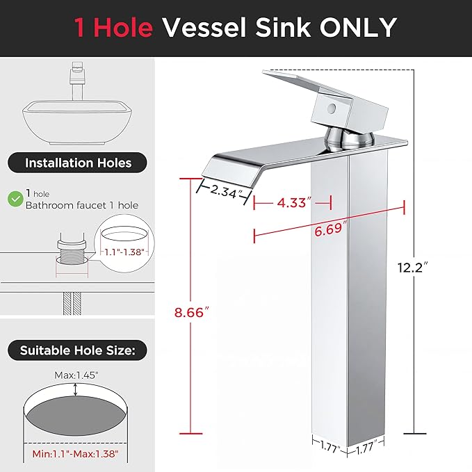 Forious Vessel Bathroom Sink Faucets 1 Hole Chrome, Tall Waterfall Bathroom Faucet Single Handle with Pop Up Drain and Supply Lines for Bowel Sink, Deck Mount