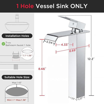 Forious Vessel Bathroom Sink Faucets 1 Hole Chrome, Tall Waterfall Bathroom Faucet Single Handle with Pop Up Drain and Supply Lines for Bowel Sink, Deck Mount