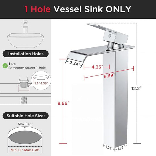 Forious Vessel Bathroom Sink Faucets 1 Hole Chrome, Tall Waterfall Bathroom Faucet Single Handle with Pop Up Drain and Supply Lines for Bowel Sink, Deck Mount