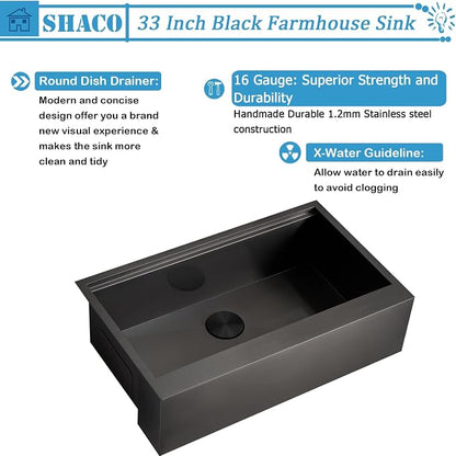33 Inch Black Farmhouse Sink, 33x20 Gunmetal Black 16 Gauge Stainless Steel Single Bowl Workstation Flat Apron Front Farm Kitchen Sink with Cutting Board
