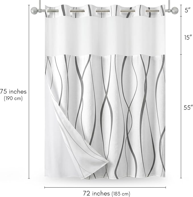 Americanflat 72x75 Hookless Shower Curtain - Water-Resistant Soft Waves Shower Curtain with Sheer Panel, Snap-in Liner, and Durable Grommets - 100% Polyester - Black and White